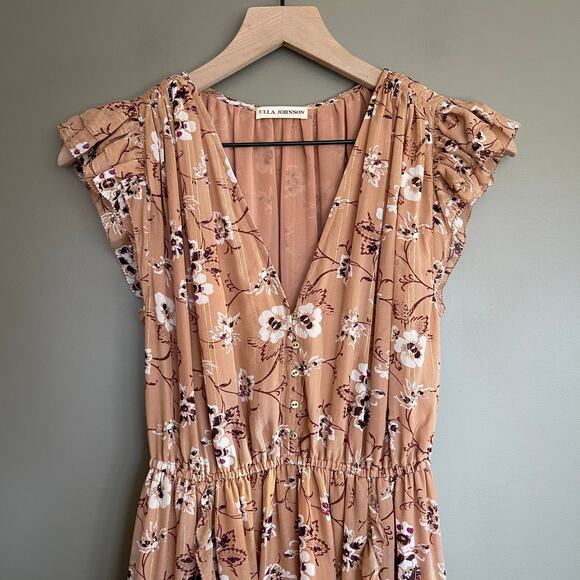 ULLA JOHNSON Ciel Dress In Cafe Size 2 Tan Silk Gold Metallic Floral Flowy Midi - Picture 4 of 16